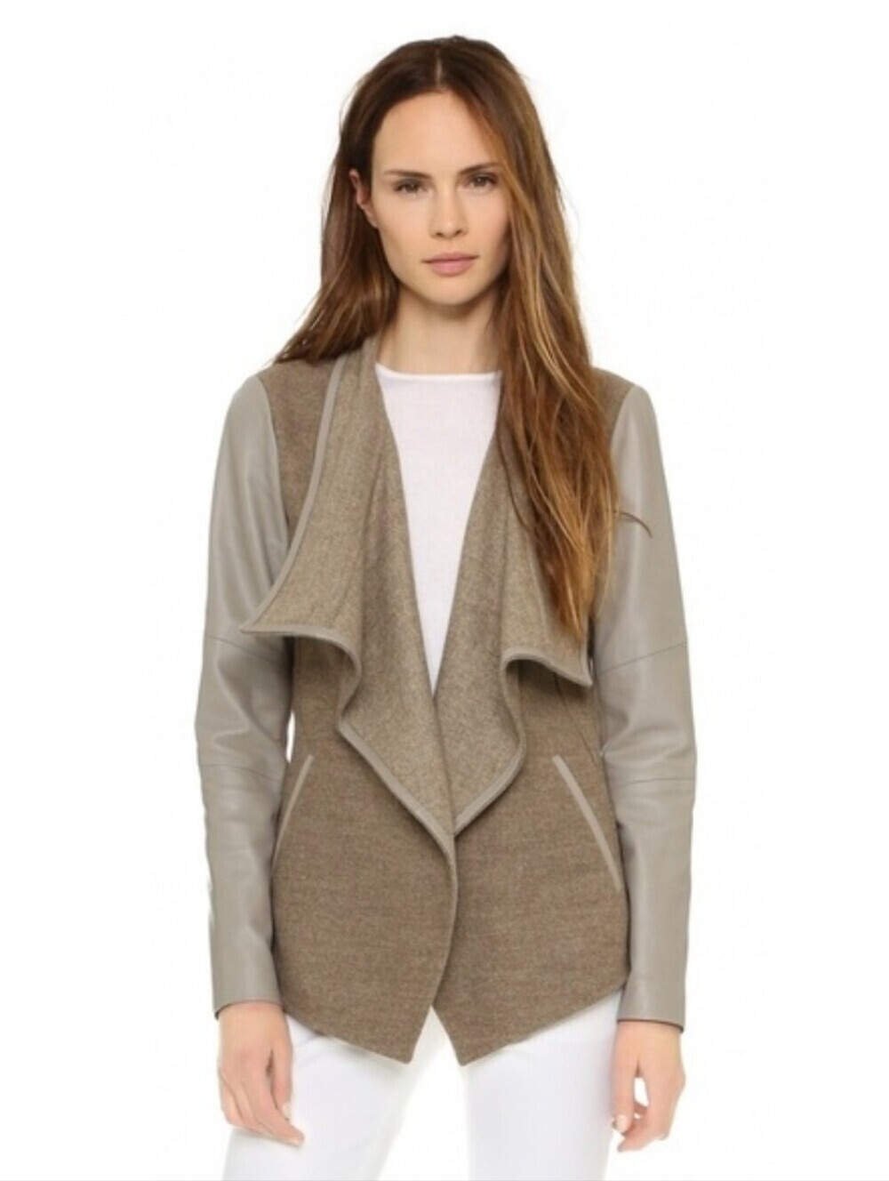 Vince Wool Leather Draped Jacket Tan Women's Size M Open Front Fall Minimalist